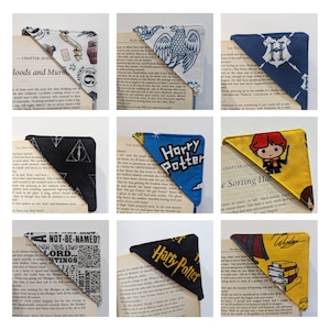 May include: A collage of nine images showcasing a variety of Harry Potter themed fabric bookmarks. The bookmarks come in different colours and designs, including a black and white bookmark with the Deathly Hallows symbol, a blue bookmark with the words "Harry Potter", and a yellow bookmark with the Sorting Hat.