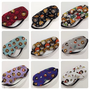 May include: Set of 10 Harry Potter themed sleep masks. The masks are made of soft fabric and feature different characters and designs from the Harry Potter universe. The masks are perfect for blocking out light and helping you get a good night's sleep.