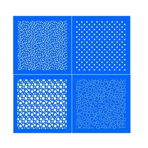 May include: Four blue stencils with white dot and circle patterns. The stencils feature various arrangements of small and large dots and circles, creating different textures. Ideal for crafts and DIY projects.