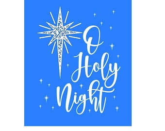 Może przedstawiać: Niebieskie tło z białą gwiazdą i napisem "O Holy Night" w czcionce skryptowej. Małe białe gwiazdki są rozrzucone wokół tekstu i gwiazdy. Gwiazda ma szczegółowy wzór pośrodku.