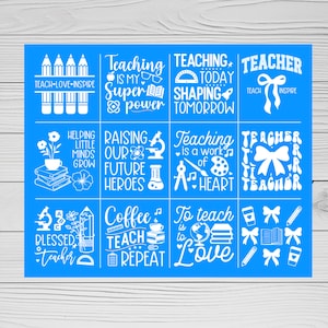 May include: A blue background with white text and graphics. The text includes phrases like "Teaching is my super power" and "To teach is to love." The image is themed around teaching and education.