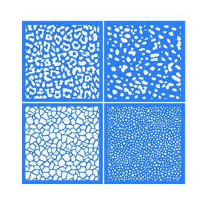 May include: Four blue square stencils with white animal print patterns. The patterns include leopard spots, irregular shapes, and small dots. The stencils are arranged in a two-by-two grid on a white background.