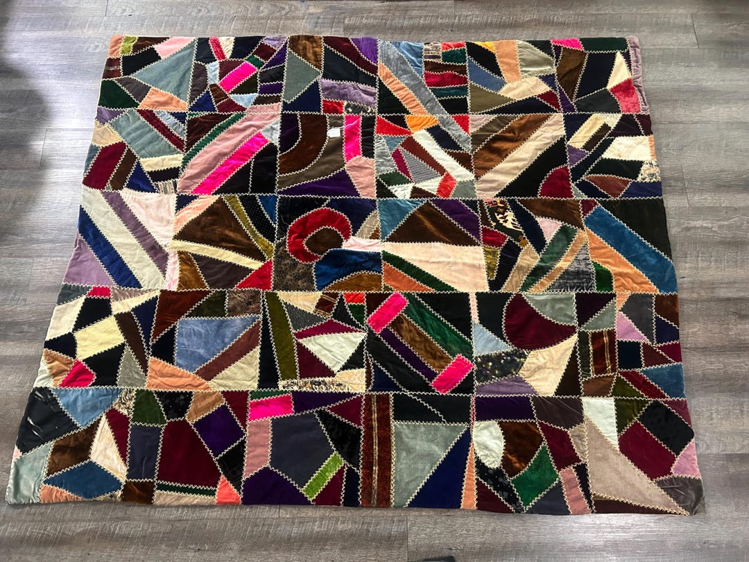 STUNNING Antique Crazy Quilt Stitch Velvet 59x72