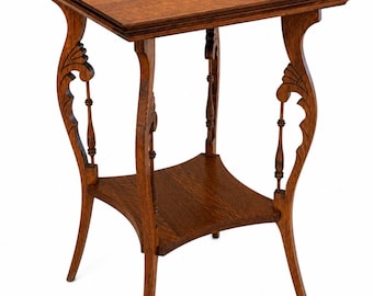 Vintage Art Nouveau Parlor Table Carved Wood Tiger Oak Victorian Side Table