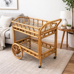 Mid-Century Boho Rattan Beverage Rolling Bar Cart W/ Removable Serving Tray