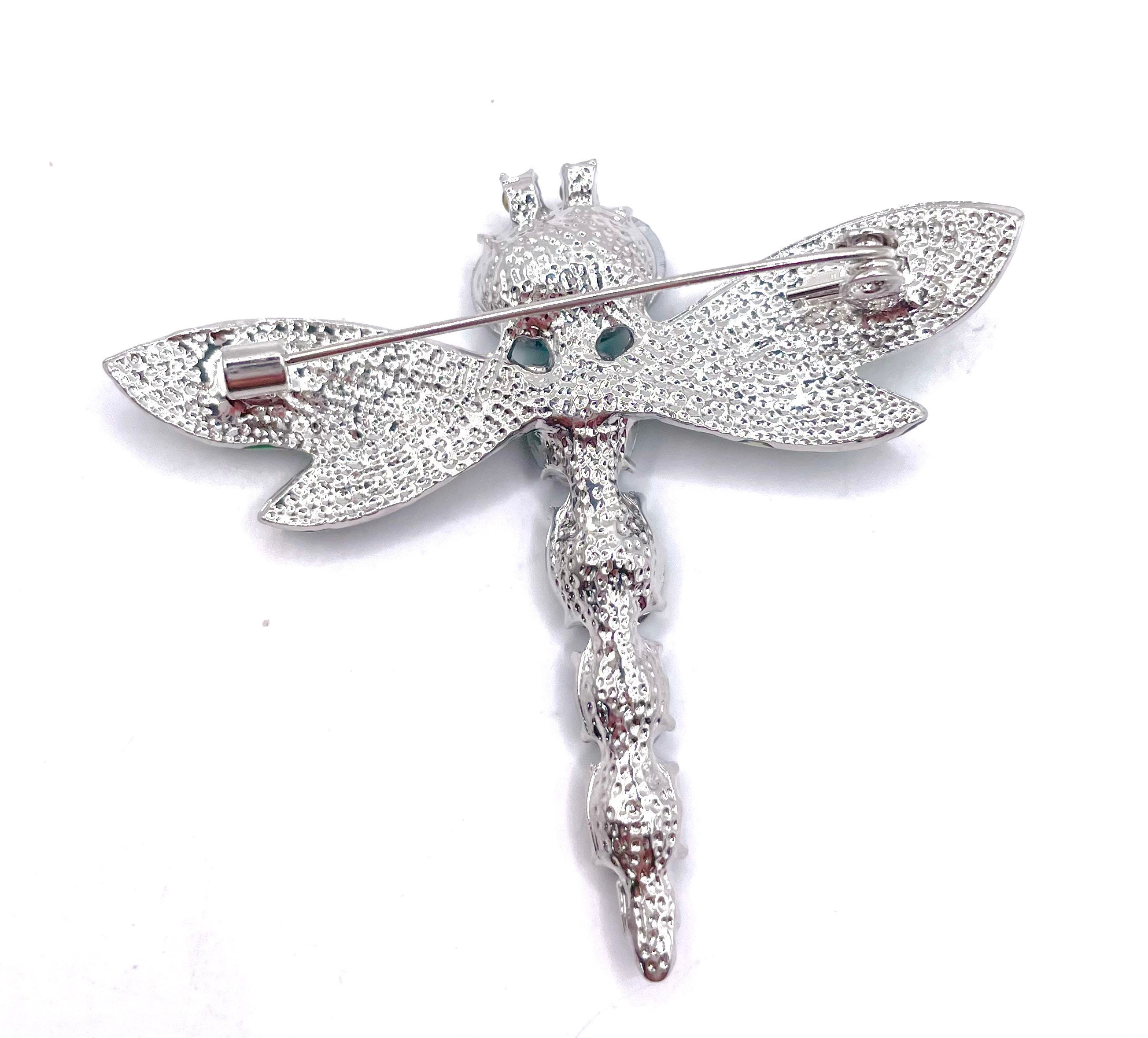 Broche Libellule Or Avec Cristaux Et émail Vert Relief - Occasion Très Bon état, Bijou Vintage