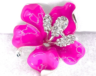 Hot Pink Rhinestones Flower Brooch