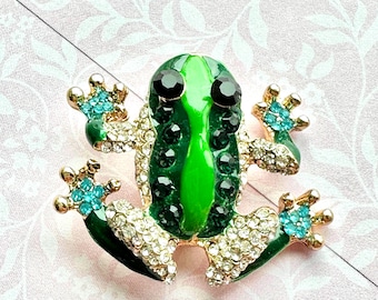 Green Enamel Frog Brooch – Crystal Accent Animal Pin