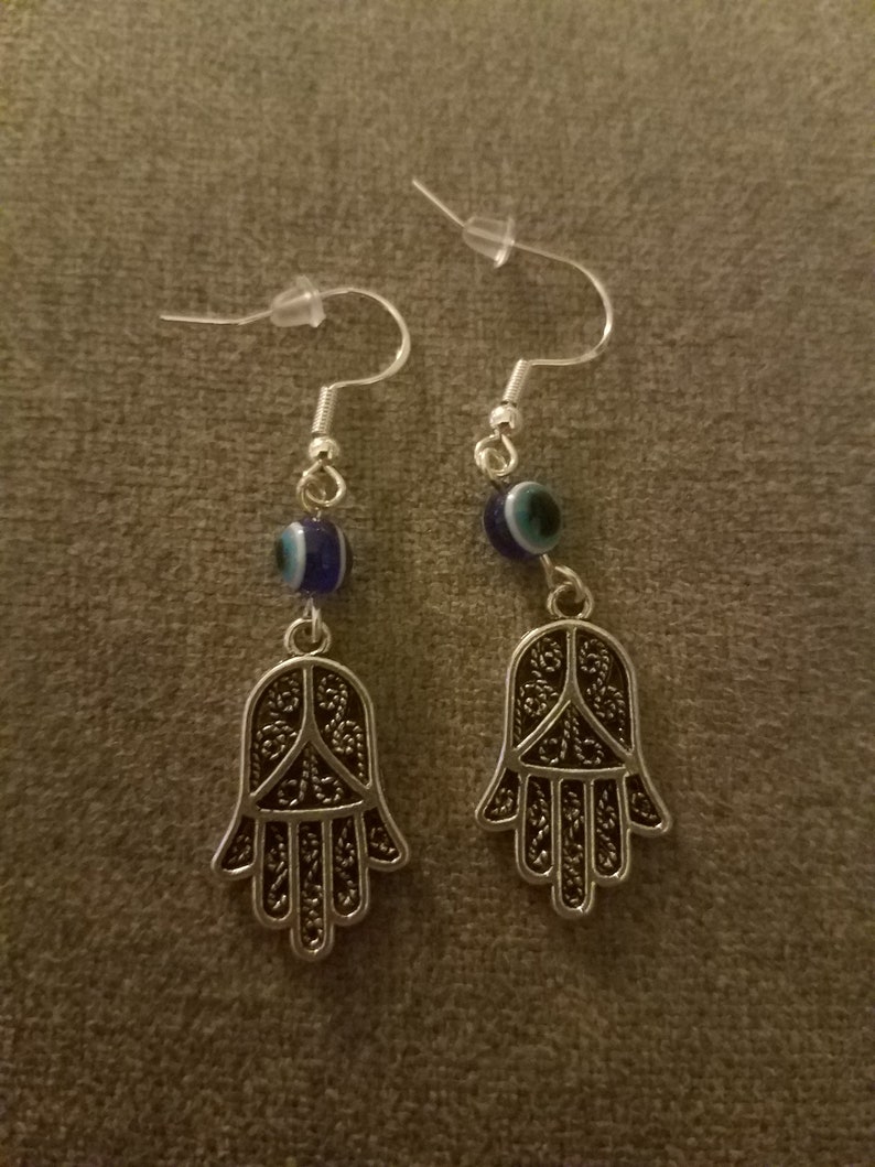 Silver .925 Handmade Hamsa and Evil Eye Dangle Earrings