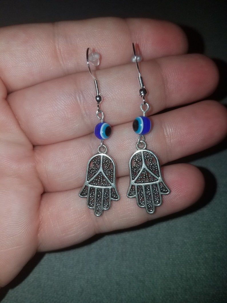Silver .925 Handmade Hamsa and Evil Eye Dangle Earrings