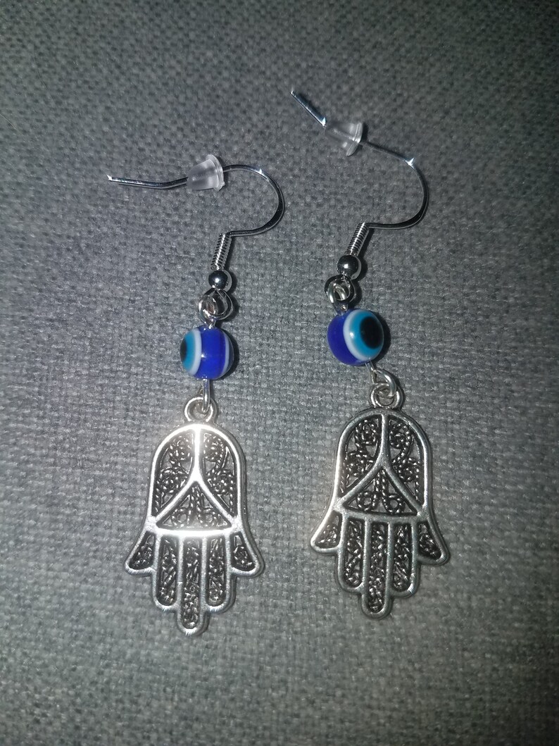 Silver .925 Handmade Hamsa and Evil Eye Dangle Earrings