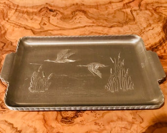 Small Hammered Aluminum Serving Tray Ducks Flying Over Mountain Pond W/ Cattails