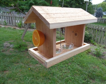 Oriole Feeder, Made with Western Red Cedar. 2 Glass Jelly Dishes & 2 Orange Holders. Proudly made in the USA.