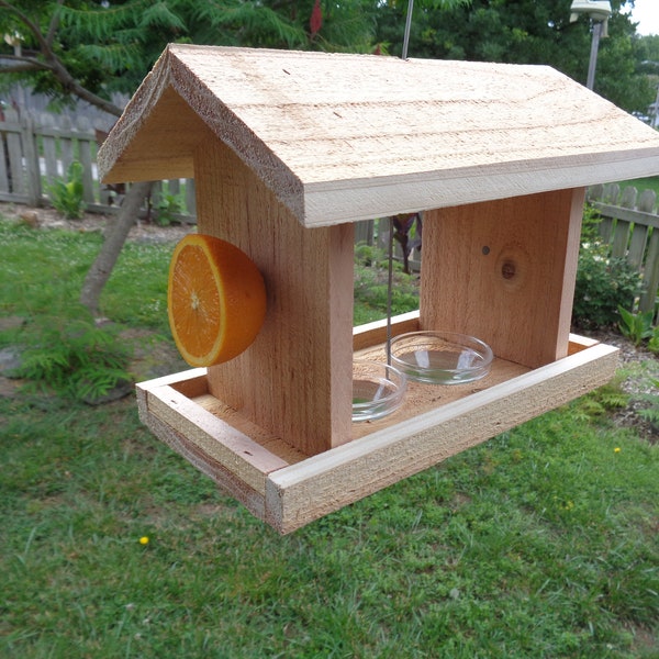 Oriole Feeder, Made with Western Red Cedar. 2 Glass Jelly Dishes & 2 Orange Holders. Proudly made in the USA.