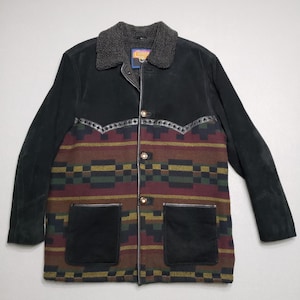 Cripple Creek Mens Jacket Large Suede Leather Southwestern Aztec Sherpa VTG