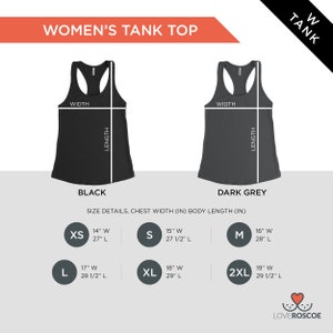 May include: Size chart for a women's tank top in black and dark grey. The chart shows the chest width and body length in inches for sizes XS, S, M, L, XL, and 2XL.