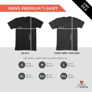 May include: Size chart for a unisex t-shirt in black and dark grey heather. The chart shows the chest width and shirt length in inches for sizes S, M, L, XL, 2XL, and 3XL.