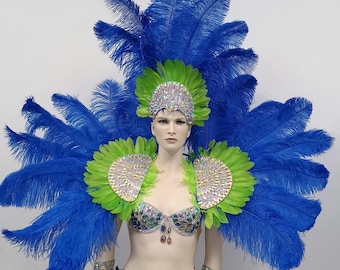 New Rihanna Carnival Costume feathers rhinestone Samba Costume Angel Wings Fantasy Fest Carnival Showgirl Made in USA color Combination 2pc