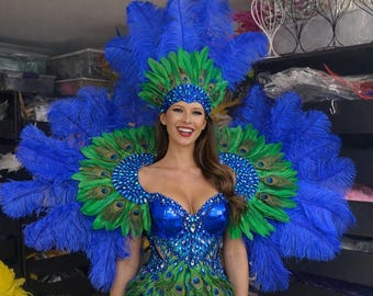 New Rihanna Carnival Costume feathers rhinestone Samba Costume Angel Wings Fantasy Fest Carnival Showgirl Made in USA color Combination 2pc