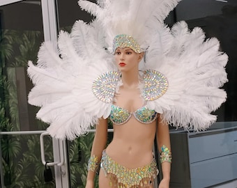 New Rihanna Carnival Costume feathers rhinestone Samba Costume Angel Wings Fantasy Fest Carnival Showgirl Made in USA color Combination 2pc