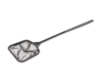 May include: A black plastic net with a long handle. The net is square shaped and has a fine mesh.