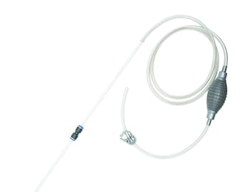 May include: A clear plastic siphon pump with a gray bulb and a long clear tube. The tube has a blue connector and a metal clip.