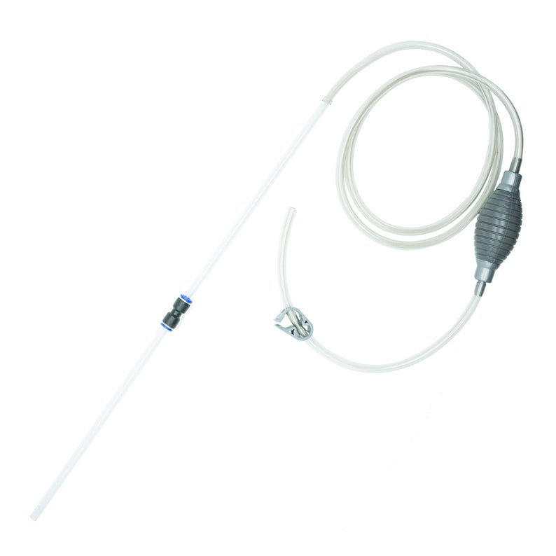 May include: A clear plastic siphon pump with a gray bulb and a long clear tube. The tube has a blue connector and a metal clip.