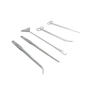 May include: Set of five stainless steel tools for aquariums and plants. The set includes a pair of curved tweezers, a pair of straight tweezers, a pair of scissors, a straight spatula, and a triangular scraper.
