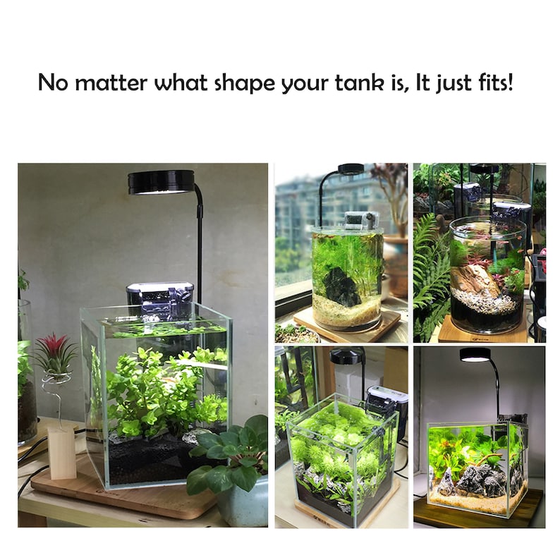 May include: A black LED aquarium light with a flexible neck, shown illuminating various glass fish tanks filled with aquatic plants, gravel, and rocks. The text "No matter what shape your tank is, It just fits!" is displayed above the images.