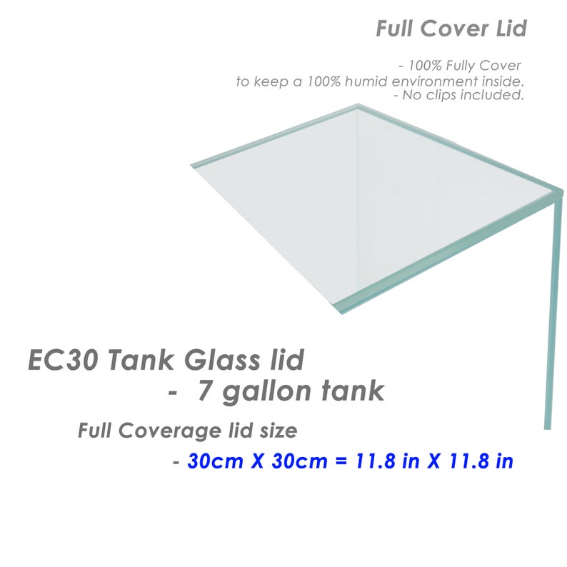 May include: A clear glass lid for a 7-gallon tank. The lid is 11.8 inches by 11.8 inches and is designed to provide full coverage for the tank. The lid is labeled "EC30 Tank Glass lid - 7 gallon tank".