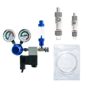 May include: A blue and silver air compressor regulator with two gauges, a clear air filter, and a blue valve. The regulator is connected to a clear plastic tube and two silver air filters.