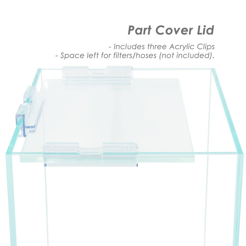 May include: A clear glass lid with three acrylic clips for a terrarium or other enclosure. The lid has space for filters or hoses, but they are not included.