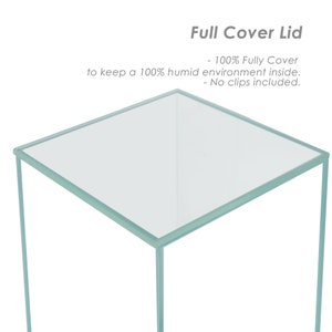 May include: A clear glass lid for a terrarium or display case. The lid is designed to fully cover the top of the case, creating a 100% humid environment inside. The lid does not include clips.