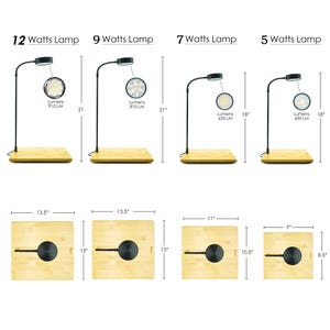 May include: Four black LED lamps with flexible necks and circular light heads, each mounted on a square bamboo base. The lamps are labeled 12, 9, 7, and 5 Watts with heights of 21, 21, 18, and 18 inches. Bases measure 13.5x13, 13.5x13, 11x10.5, and 9x8.5 inches.