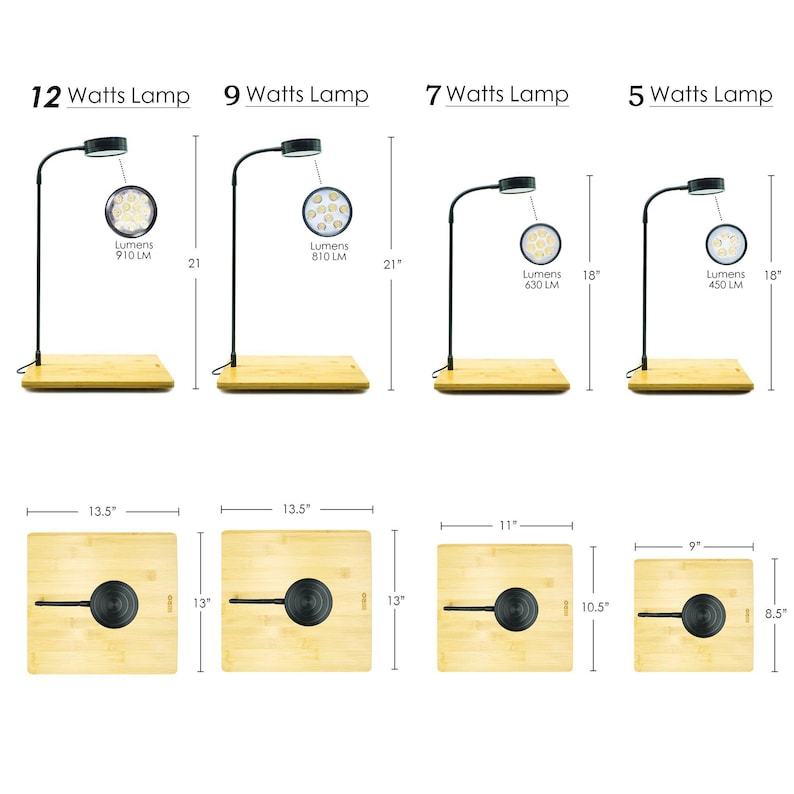 May include: Four black LED lamps with flexible necks and circular light heads, each mounted on a square bamboo base. The lamps are labeled 12, 9, 7, and 5 Watts with heights of 21, 21, 18, and 18 inches. Bases measure 13.5x13, 13.5x13, 11x10.5, and 9x8.5 inches.