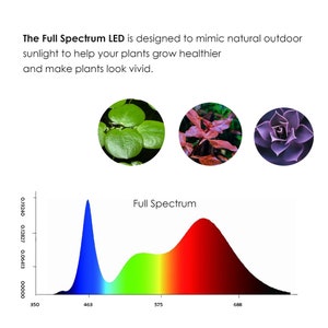 May include: A full spectrum LED light graphic featuring text that reads: The Full Spectrum LED is designed to mimic natural outdoor sunlight to help your plants grow healthier and make plants look vivid. Includes three circular plant images and a spectral chart.