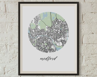 Medford Map Print: Illustrated 8"x10" Boston Neighborhood with a Circular Layout and Calligraphy Detail