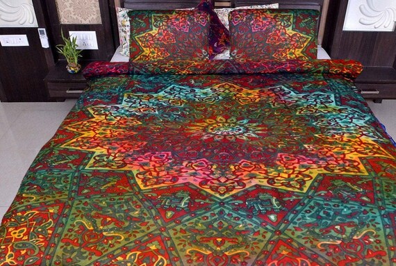 Tie Dye Multi Hamsa Fatima Indian Queen Duvet Cover Hippie Quilt Comforter Set
