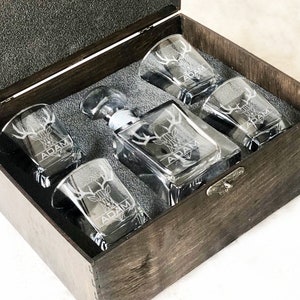 Personalized Whiskey Decanter Set with Engraved Wood Box