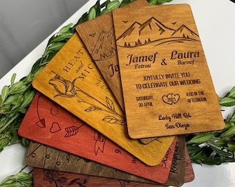 Engraved Wood Wedding Invitation: Personalized Rustic Card