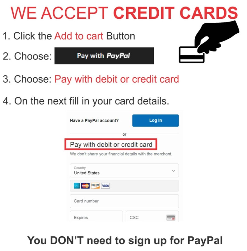May include: A screenshot of a website checkout page showing the option to pay with PayPal or a debit or credit card. The text "You DON'T need to sign up for PayPal" is displayed at the bottom of the page.