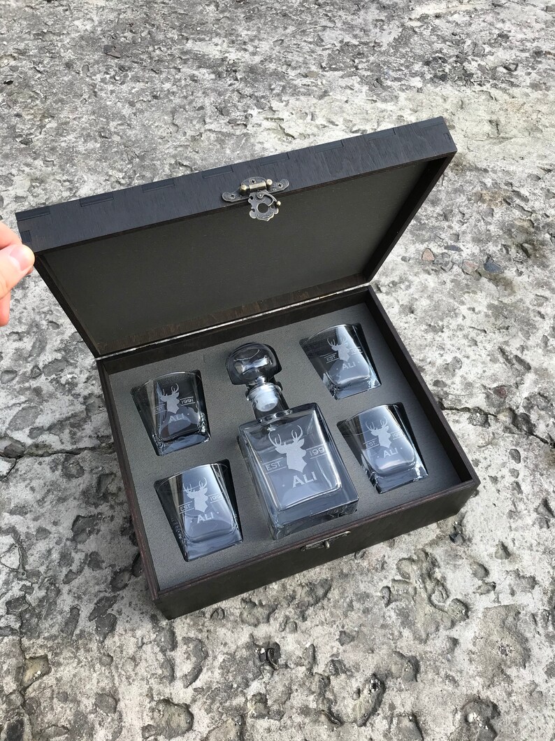 Custom Whiskey Glasses Set With Wood Box Engraved Decanter Etsy