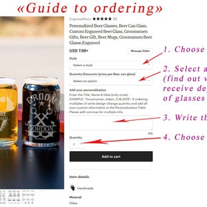 May include: Four personalised beer glasses with different designs, including a deer, a tuxedo, a bowtie, and an anchor. The glasses are arranged in a row on a black surface. The image also shows a guide to ordering the glasses, including instructions to choose a style, select a discount, write personalisation details, and choose a quantity.