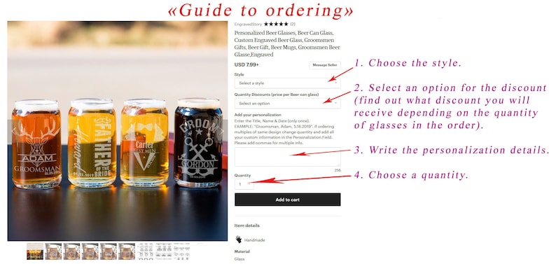 May include: Four personalised beer glasses with different designs, including a deer, a tuxedo, a bowtie, and an anchor. The glasses are arranged in a row on a black surface. The image also shows a guide to ordering the glasses, including instructions to choose a style, select a discount, write personalisation details, and choose a quantity.