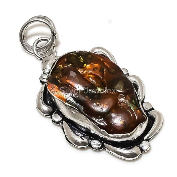 Exquis pendentif agate de feu mexicaine, pendentif pierres précieuses, pendentif marron, bijoux en argent sterling 925, cadeau d'anniversaire, pendentif pour elle