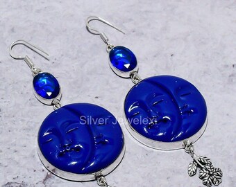 Exquisite Natural Blue Face Earrings, Blue Drop & Dangle Earrings, 925 Sterling Silver Jewelry, Engagement Gift, Earrings For Her