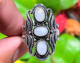 Rainbow Moonstone Ring, 925 Sterling Silver, Multi Stone Ring, Handmade Ring, Natural Gemstone, Gift for her ,Ring,  Jewelry, Promise Ring