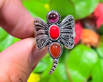 Red Coral Ring, Pink Amethyst Ring, 925 Sterling Silver Ring, Promise Ring, Handmade Ring, Vintage Butterfly Ring, Multi Stone Ring Jewelry