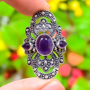 Natural Amethyst Silver Ring, Statement Ring, Purple Amethyst, Birthstone Ring, Birthday Gift Ring, Flower Design, 925 Sterling Silver Ring