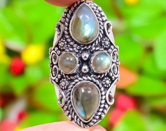 Blue Fire Labradorite Ring, Natural Labradorite, Statement Ring, 925 Sterling Silver Ring, Handmade Vintage Ring, Boho Minimalist Jewelry